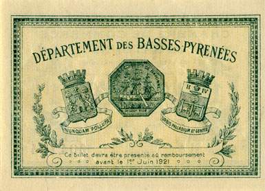 Billet de la Chambre de Commerce de Bayonne - 1 franc - délibération du 22 mai 1916 - série JJ - n° 004,434