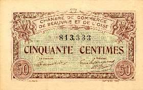 Billet de la Chambre de Commerce de Beauvais et de l'Oise - 1 franc - 50 centimes - délibération du 2 juin 1920