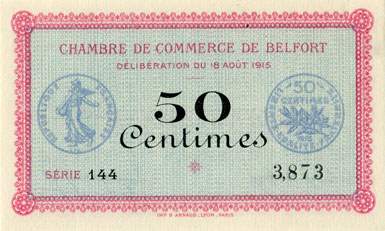 Billet de la Chambre de Commerce de Belfort - 50 centimes - dlibration du 18 aot 1915 - srie 144 - n 3,873