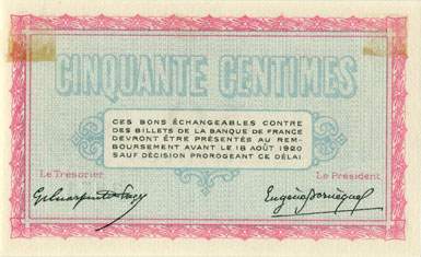 Billet de la Chambre de Commerce de Belfort - 50 centimes - dlibration du 18 aot 1915 - srie 144 - n 3,873