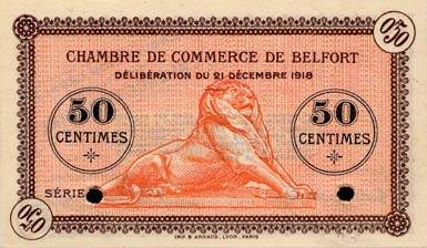 Billet de la Chambre de Commerce de Belfort - 50 centimes - dlibration du 21 dcembre 1918 - avec surcharge violette - spcimen annul