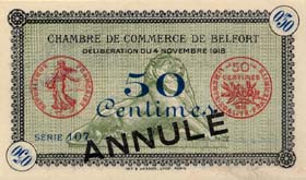 Billet de la Chambre de Commerce de Belfort - 50 centimes - délibération du 4 novembre 1918 - avec surcharge bleue - série 107 - spécimen annulé