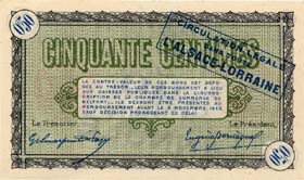 Billet de la Chambre de Commerce de Belfort - 50 centimes - délibération du 4 novembre 1918 - avec surcharge bleue - série 107 - spécimen annulé