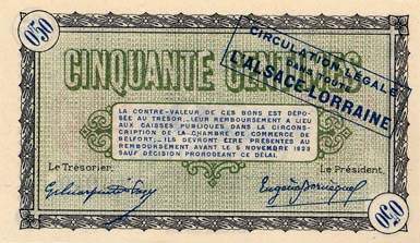 Billet de la Chambre de Commerce de Belfort - 50 centimes - dlibration du 4 novembre 1918 - avec surcharge bleue - srie 104