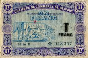 Billet de la Chambre de Commerce de Belfort - 1 franc - délibération du 12 octobre 1921 - série B