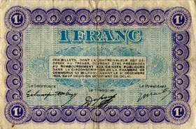 Billet de la Chambre de Commerce de Belfort - 1 franc - délibération du 12 octobre 1921 - série B