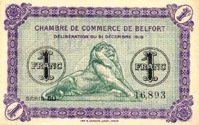 Billet de la Chambre de Commerce de Belfort - 1 franc - délibération du 21 décembre 1918 - avec surcharge violet-rouge