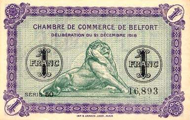 Billet de la Chambre de Commerce de Belfort - 1 franc - dlibration du 21 dcembre 1918 - avec surcharge violet-rouge