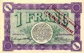 Billet de la Chambre de Commerce de Belfort - 1 franc - délibération du 21 décembre 1918 - avec surcharge violet-rouge