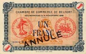 Billet de la Chambre de Commerce de Belfort - 1 franc - délibération du 4 novembre 1918 - spécimen