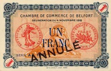 Billet de la Chambre de Commerce de Belfort - 1 franc - dlibration du 4 novembre 1918 - spcimen