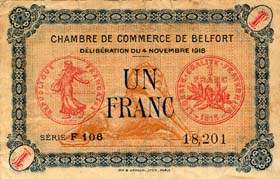 Billet de la Chambre de Commerce de Belfort - 1 franc - délibération du 4 novembre 1918