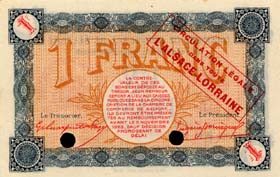 Billet de la Chambre de Commerce de Belfort - 1 franc - délibération du 4 novembre 1918 - série AF - surcharge rouge - spécimen annulé