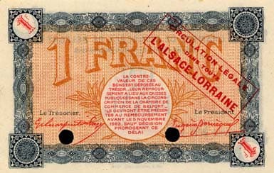 Billet de la Chambre de Commerce de Belfort - 1 franc - dlibration du 4 novembre 1918 - srie AF - surcharge rouge - spcimen annul