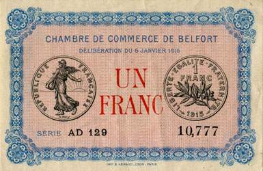 Billet de la Chambre de Commerce de Belfort - 1 franc - dlibration du 6 janvier 1916 - srie AD 129 - n 10,777