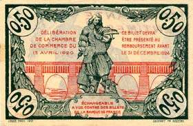 Billet de la Chambre de Commerce de Béziers - 50 centimes - délibération du 13 avril 1920 - sans filigrane