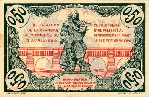 Billet de la Chambre de Commerce de Béziers - 50 centimes - délibération du 13 avril 1920 - série XU