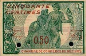 Billet de la Chambre de Commerce de Béziers - 50 centimes - délibération du 4 décembre 1916 - sans filigrane - spécimen annulé