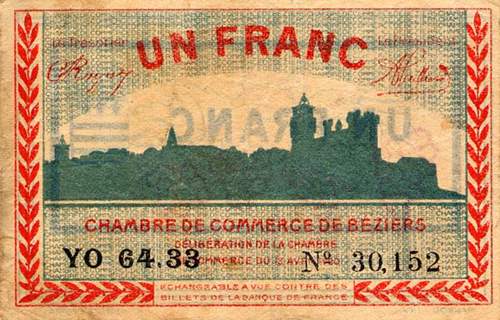 Billet de la Chambre de Commerce de Béziers - 1 franc - délibération du 13 avril 1920 - sans filigrane