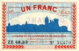 Billet de la Chambre de Commerce de Béziers - 1 franc - délibération du 19 novembre 1918 - sans filigrane