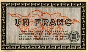 Billet de la Chambre de Commerce de Béziers - 1 franc - délibération du 5 novembre 1914 - cachet en bas à droite