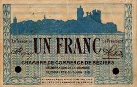 Billet de la Chambre de Commerce de Béziers - 1 franc - délibération du 9 juin 1915 - avec timbre sec - spécimen annulé
