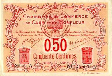 Billet des Chambres de Commerce de Caen et de Honfleur - 50 centimes - deuxime mission 1915-1920 - nom d'imprimeur complet