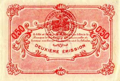 Billet des Chambres de Commerce de Caen et de Honfleur - 50 centimes - deuxime mission 1915-1920 - nom d'imprimeur complet