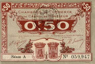 Billet des Chambres de Commerce de Caen et de Honfleur - 50 centimes - quatrime mission 1920- 923 - srie A - n 059,947