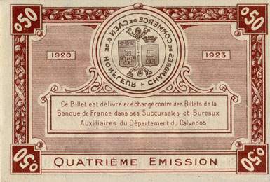 Billet des Chambres de Commerce de Caen et de Honfleur - 50 centimes - quatrime mission 1920-1923 - srie A - n 059,947