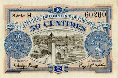 Billet de la Chambre de Commerce de Cahors - 50 centimes - délibérations des 21 avril et 16 août 1917 - série H - n° 60200
