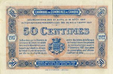 Billet de la Chambre de Commerce de Cahors - 50 centimes - délibérations des 21 avril et 16 août 1917 - série H - n° 60200