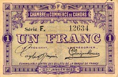 Billet de la Chambre de Commerce de Cahors - 1 franc - 1er janvier 1915 - remboursement avant le 1er janvier 1920 - série F - n° 12634