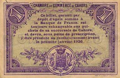 Billet de la Chambre de Commerce de Cahors - 1 franc - 1er janvier 1915 - remboursement avant le 1er janvier 1920 - série F - n° 12634