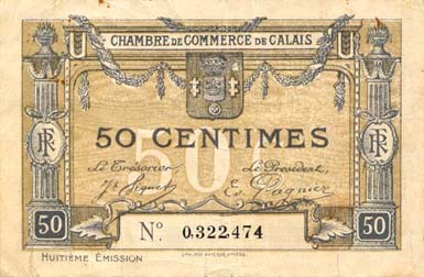 Billet de la Chambre de Commerce de Calais - 50 centimes - huitime  mission - n 0,322,474