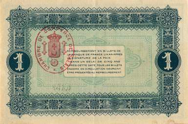 Billet de la Chambre de Commerce de Calais - 1 franc - dlibration du 14 janvier 1916 - imprimerie B. Arnaud - srie T 120 - n 6,457