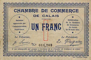 Billet de la Chambre de Commerce de Calais - 1 franc - délibération du 22 août 1914 - n° 011,203