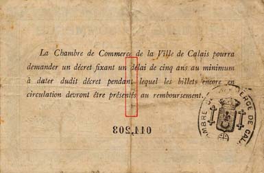 Billet de la Chambre de Commerce de Calais - 1 franc - délibération du 22 août 1914 - n° 011,203
