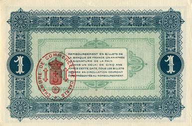 Billet de la Chambre de Commerce de Calais - 1 franc - délibération du 8 octobre 1915 - série U 121 - n° 3,263