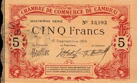 Billet de la Chambre de Commerce de Cambrai - 5 francs - 15 septembre 1914 - Quatrième série