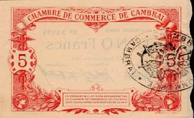 Billet de la Chambre de Commerce de Cambrai - 5 francs - 15 septembre 1914 - Quatrième série