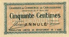 Billet de la Chambre de Commerce de Carcassonne - 50 centimes - délibération du 22 mars - spécimen annulé