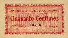 Billet de la Chambre de Commerce de Carcassonne - 50 centimes - délibération du 30 juin 1917 - n°079488