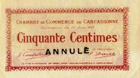 Billet de la Chambre de Commerce de Carcassonne - 50 centimes - délibération du 30 juin 1917 - spécimen annulé
