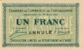 Billet de la Chambre de Commerce de Carcassonne - 1 franc - délibération du 22 mars - spécimen annulé