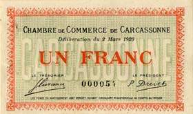 Billet de la Chambre de Commerce de Carcassonne - 1 franc - délibération du 2 mars 1920