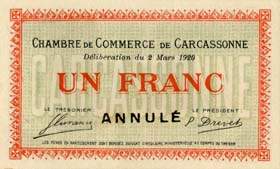 Billet de la Chambre de Commerce de Carcassonne - 1 franc - délibération du 2 mars 1920 - spécimen annulé