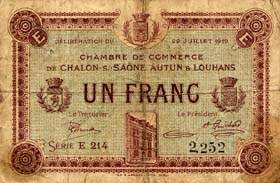 Billet de la Chambre de Commerce de Chalon-sur-Saône, Autun & Louhans - 1 franc - délibération du 22 juillet 1919