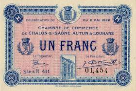 Billet de la Chambre de Commerce de Chalon-sur-Saône, Autun & Louhans - 1 franc - délibération du 2 mai 1922