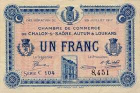 Billet de la Chambre de Commerce de Chalon-sur-Saône, Autun & Louhans - 1 franc - délibération du 25 juillet 1917